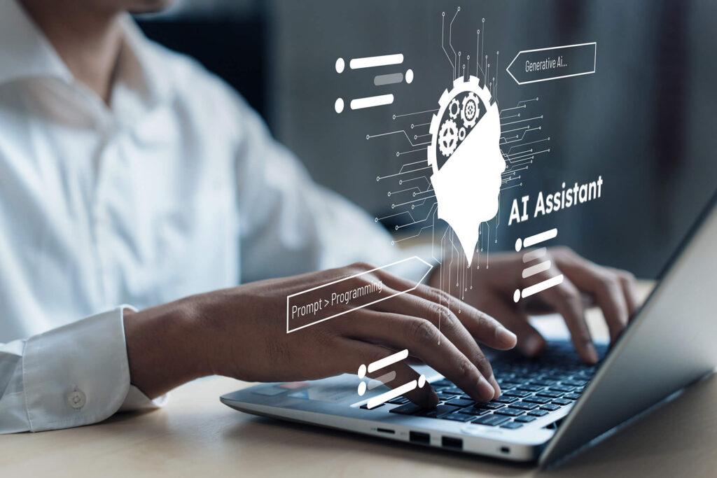 Person typing on a laptop with overlay graphics representing an AI assistant, generative AI, and prompt programming concepts