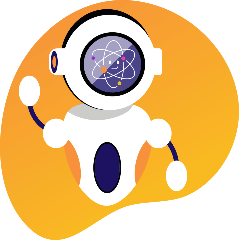 Cartoon-style robot with a round head and atomic symbol in its visor, waving with a friendly expression against an orange background.