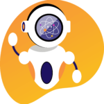 Cartoon-style robot with a round head and atomic symbol in its visor, waving with a friendly expression against an orange background.