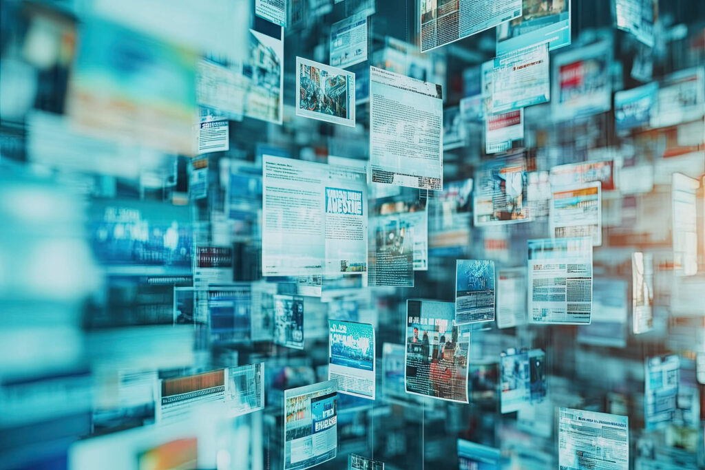 an array of floating documents with different media