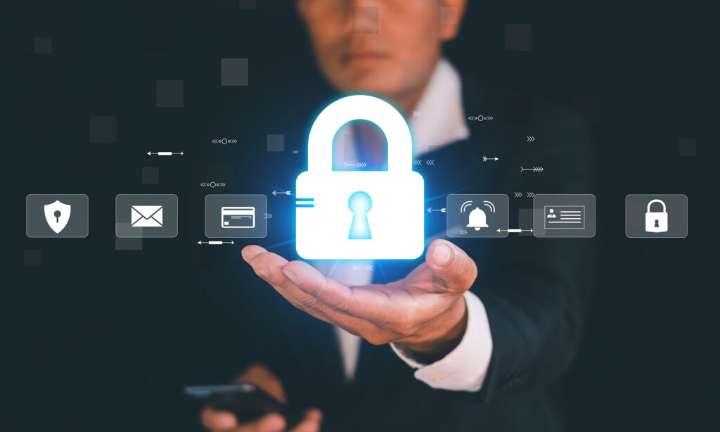 Cyber ​​security and privacy concept to protect data Lock security technology icon Businessman protects personal information on smartphone