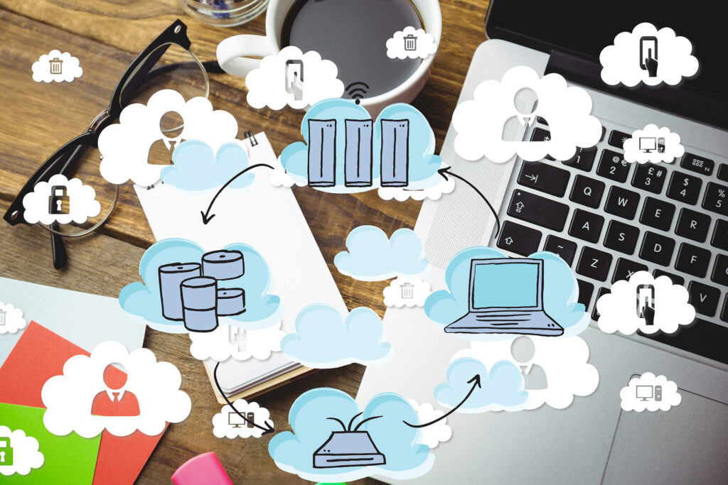 Illustration of cloud computing concepts with icons representing data storage, security, and devices on a wooden desk with a laptop and coffee.