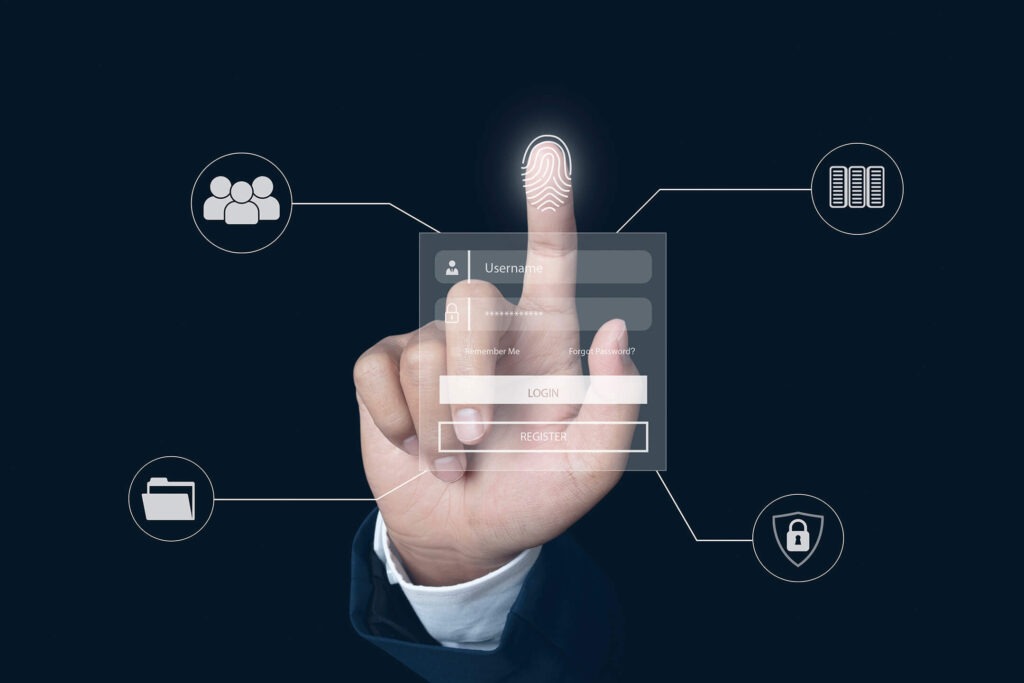 A hand pressing a fingerprint icon on a digital login interface with username and password fields, surrounded by various security symbols.