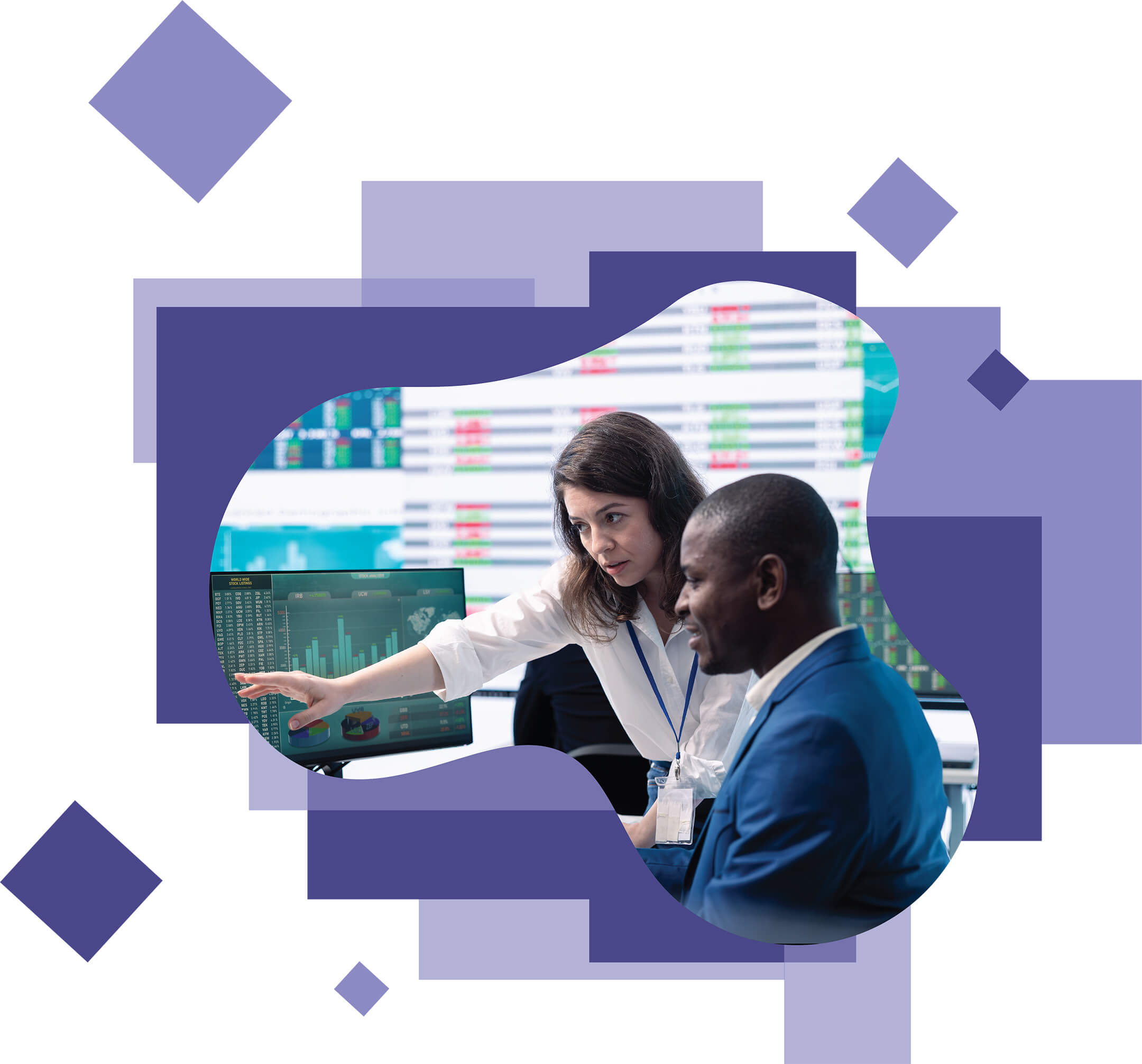 A woman in a white blouse points at a computer screen while discussing data with a man in a blue suit in a financial setting.