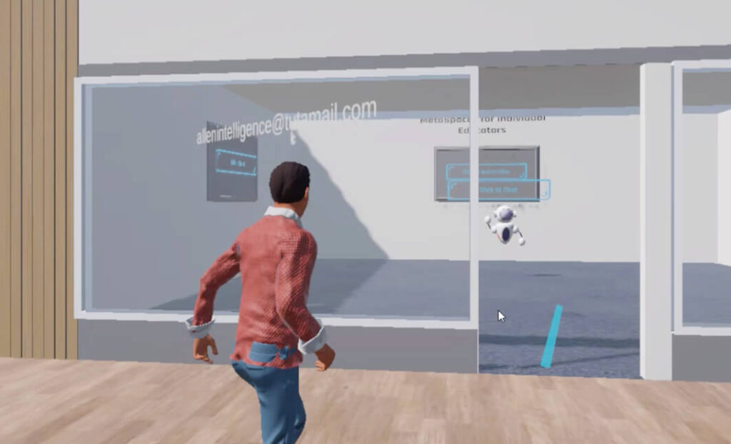 A virtual avatar entering a meeting room populated by a robotic AI concierge