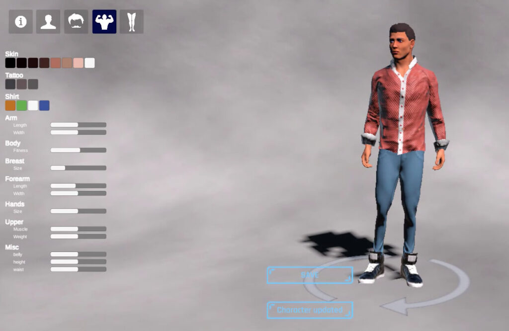3D character customization interface showing a male figure with adjustable features like skin tone, body size, and clothing options.