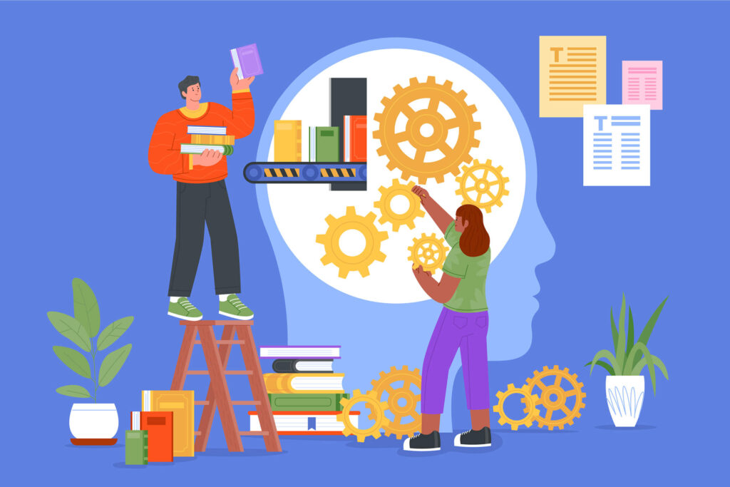Illustration of two individuals interacting with gears and books, symbolizing knowledge and learning, set against a blue background.
