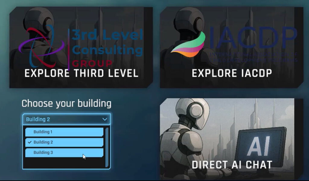 User interface displaying options for selecting buildings in a digital environment, featuring robotic figures and logos for 3rd Level Consulting Group and IACDP.