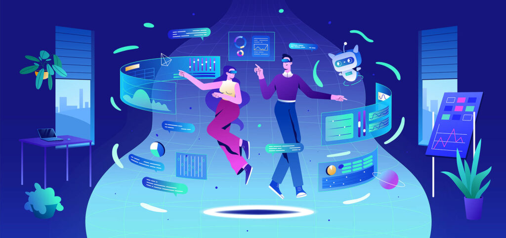 Two individuals interacting with virtual data displays in a digital environment, showcasing elements like graphs and charts.