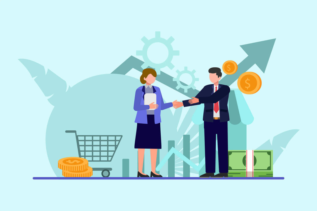 Two business professionals shaking hands with financial symbols, including coins, a shopping cart, and graphs in the background.