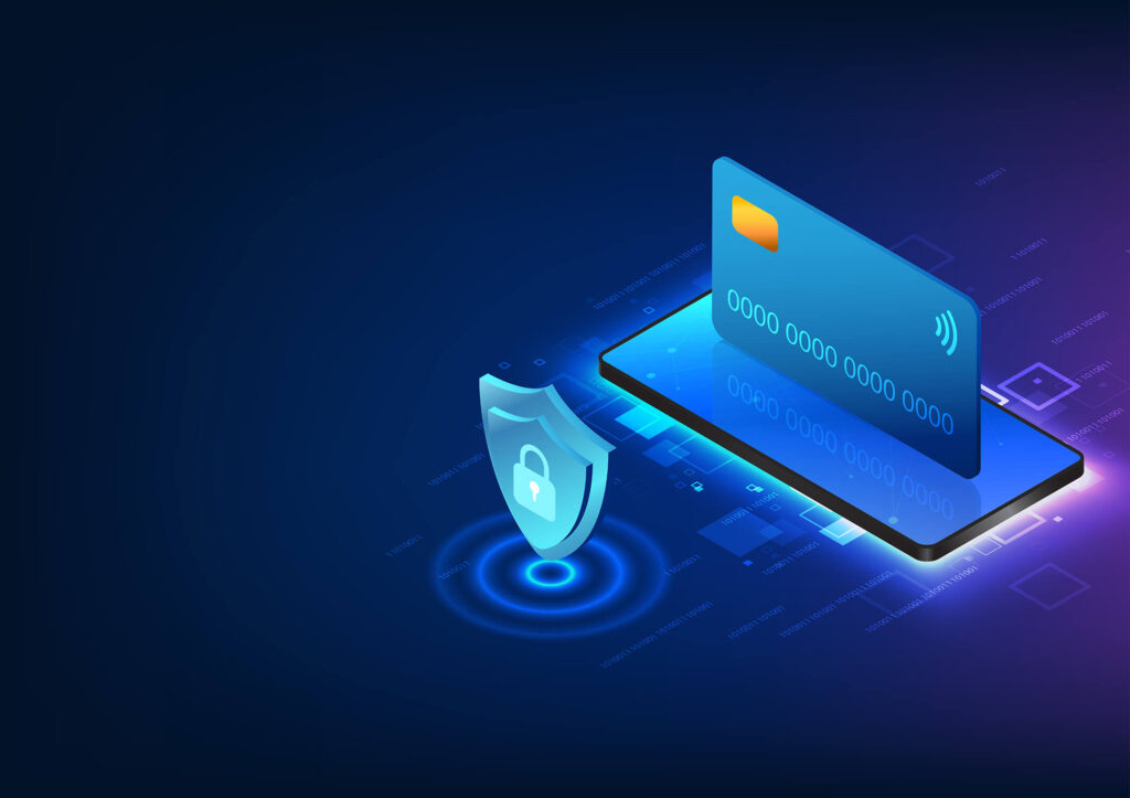 Digital illustration of a smartphone displaying a credit card with a shield symbol representing secure payments and online transactions.