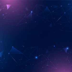 Abstract geometric background featuring a dark blue gradient with triangular shapes and glowing dots in shades of purple and pink.